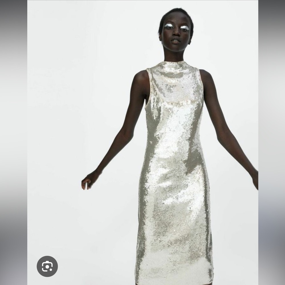 Zara High Neck Silver Sequin Midi Dress | Medium